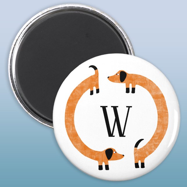 Imán Divertido Monograma de perros Dachshund Sausage (Funny Dachshund Wiener or Sausage Dog monogram magnet)