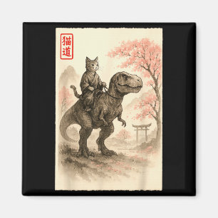 Imán Divertido Sumi-e Kawaii Gato Montando Dinosaurio A