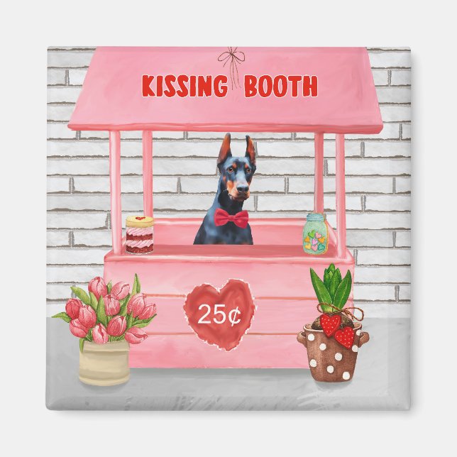 Imán Doberman Dog El día de San Valentín Kissing Booth (Frente)