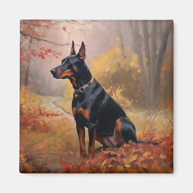 Imán Doberman en otoño se inspira en las hojas (Frente)