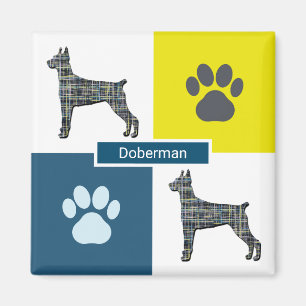 Imán Doberman Pinscher Dog Silhouette & Paw Y&B Grid