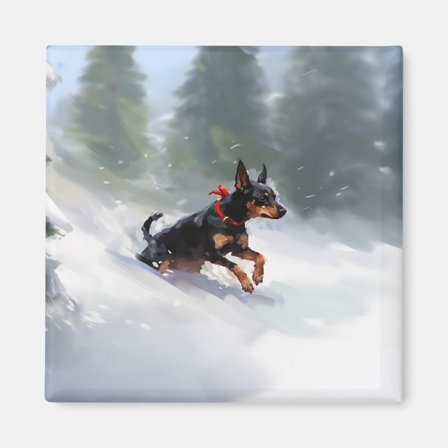 Imán Doberman Pinscher Navidad nieve invierno (Frente)