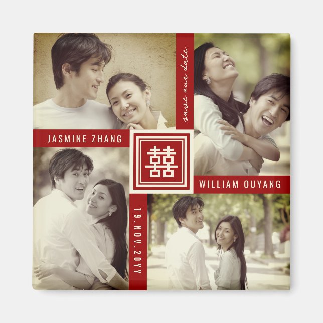 Imán Doble Boda Chino Xi 4 Foto Guardar La Fecha (Frente)