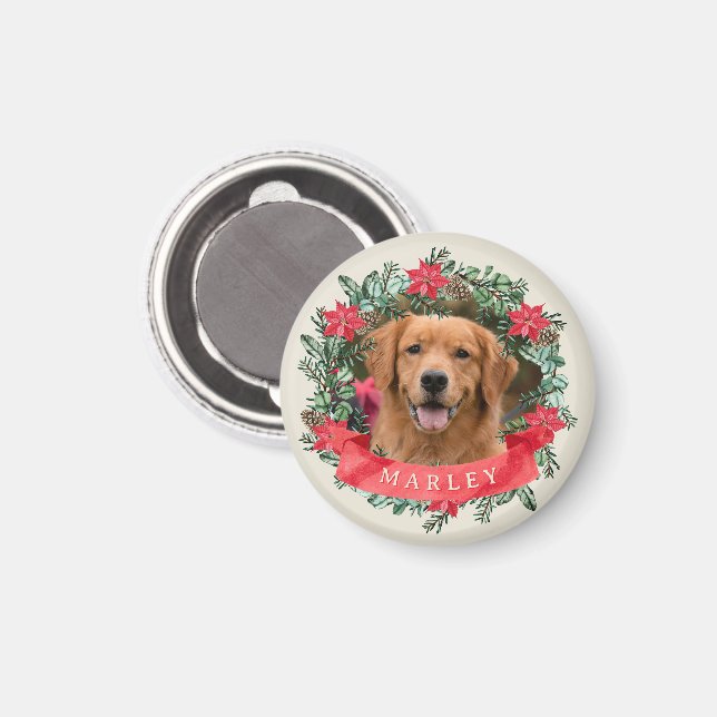 Imán Dog Photo and Name Poinsettia Wreath Holiday Gift (Anverso/Reverso)
