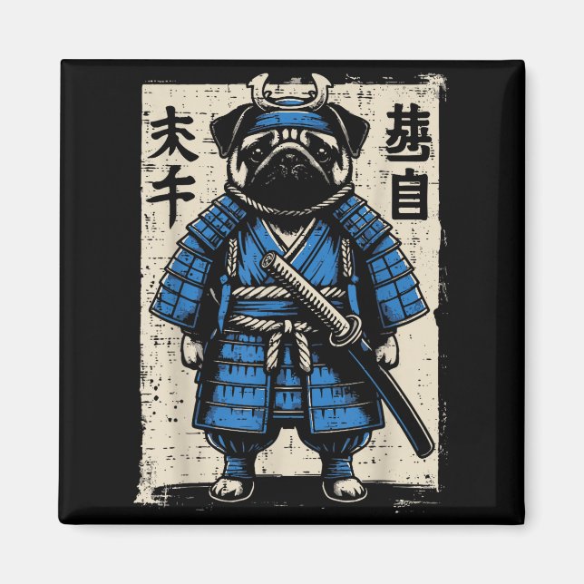Imán Dog Pug Samurai Funny Japanese Warrior Art Men Wom (Frente)