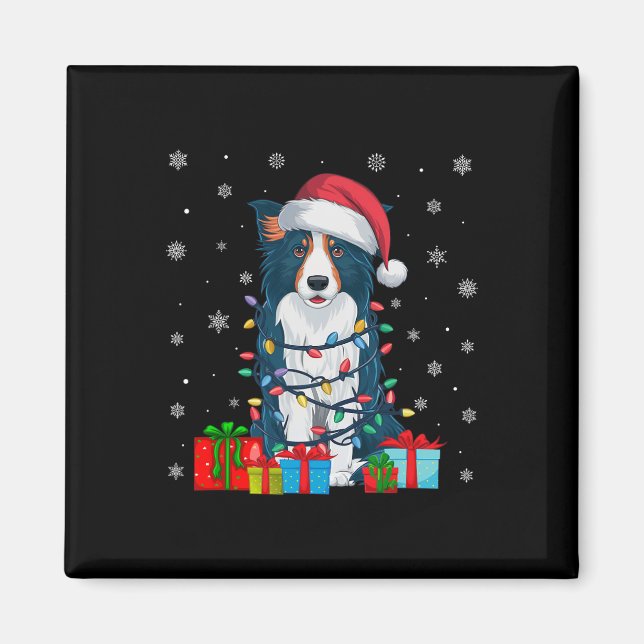 Imán Dog Ugly Xmas Encender Santa Hat Border Collie Dog (Frente)