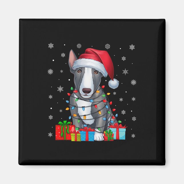 Imán Dog Ugly Xmas enciende Santa Hat Bull Terrier Dog  (Frente)