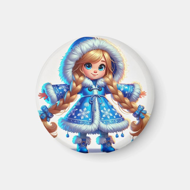 Imán Doncella de nieve adorable con abrigo azul (Frente)