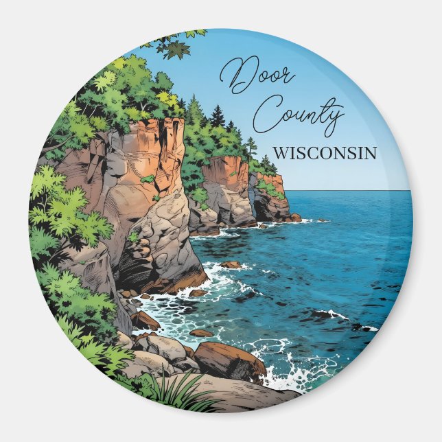 Imán Door County, Wisconsin Illustration Lake Michigan (Frente)