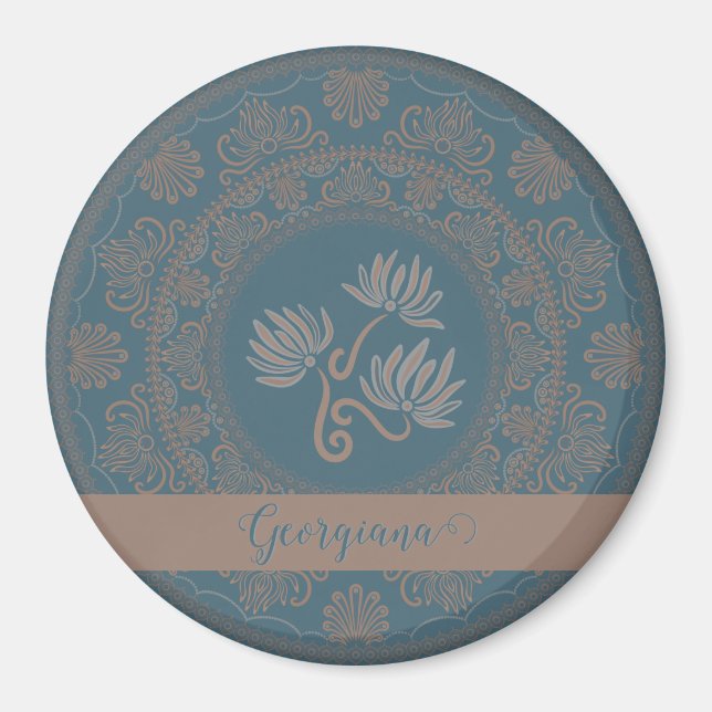 Imán Dorado Verde azulado Rococo Lotus Dot Mandala (Frente)