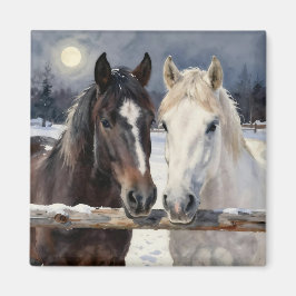 Imán Dos caballos en una granja nevada bajo la luna