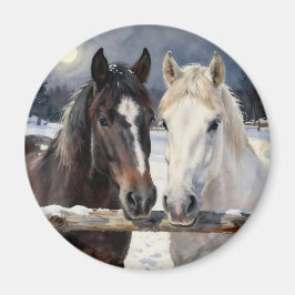Imán Dos caballos en una granja nevada bajo la luna