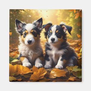 Imán Dos cachorros de maíz en hojas de otoño