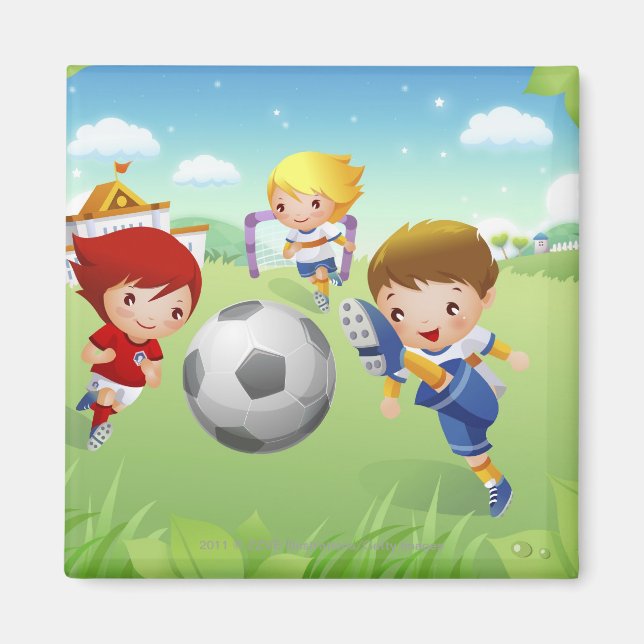 Imán Dos chicas y un niño jugando fútbol (Frente)