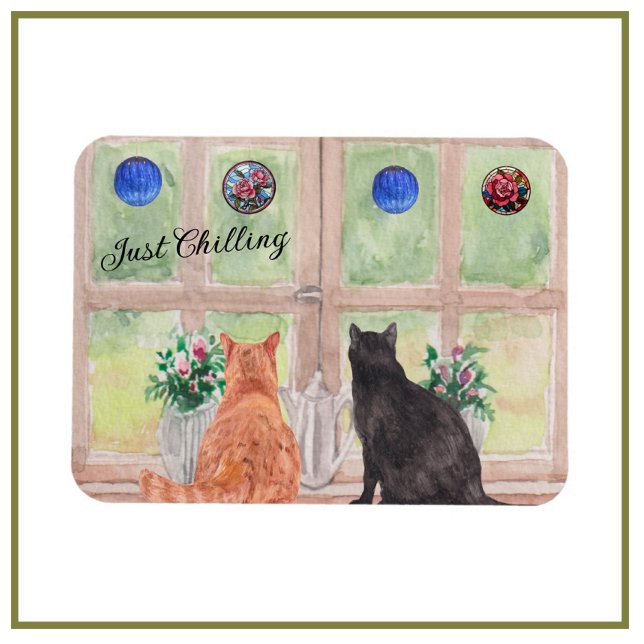 Imán Dos gatos en la ventana Flores de sereno escénico (Subido por el creador)