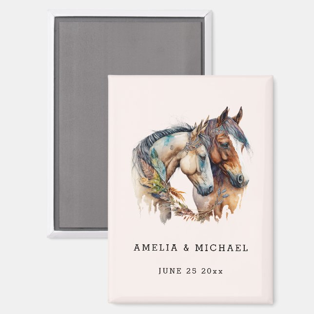 Imán Dos hermosos caballos de la boda occidental salvan (Anverso/Reverso)