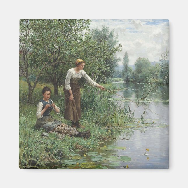 Imán Dos mujeres pescando en la hierba junto al río (Frente)