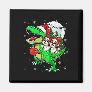 Imán Dos niños amantes del reno en T-rex en Navidad