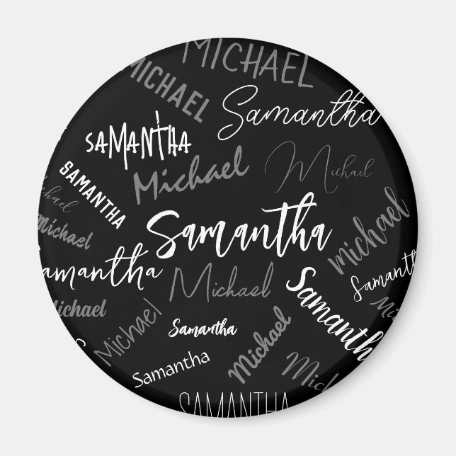 Imán Dos nombres pareja patrón monograma blanco negro (Frente)