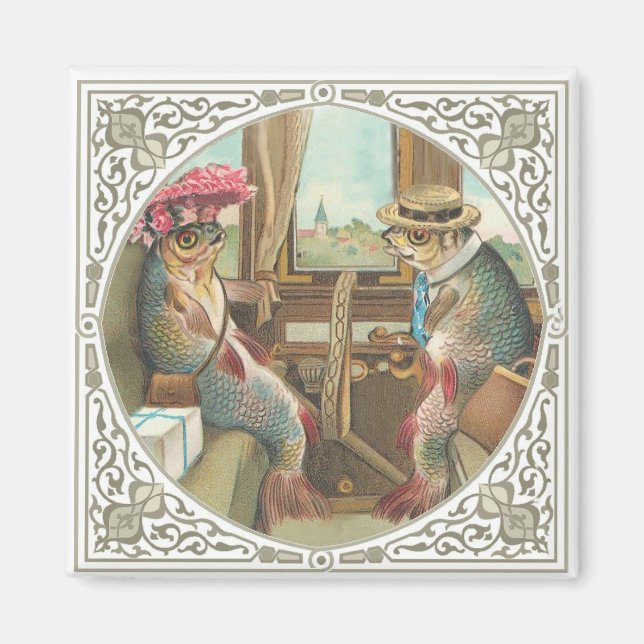 Imán Dos peces antropomórficos en un tren (Frente)