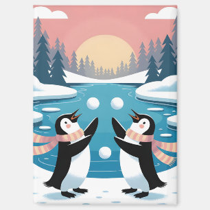 Imán Dos pingüinos haciendo malabares con bolas de niev