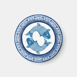 Imán Dos Piscis Koi Carp Chinoiserie Patrón azul