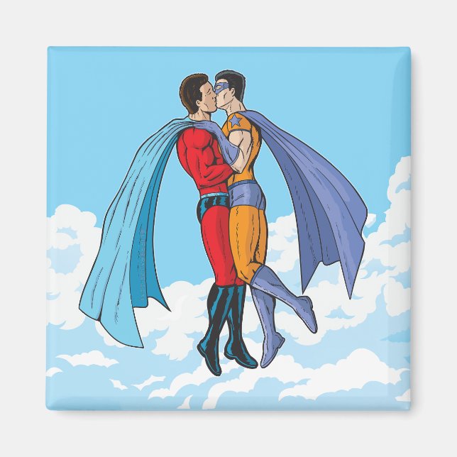 Imán Dos superhéroes de SlipperyJoe besando al carro vo (Frente)