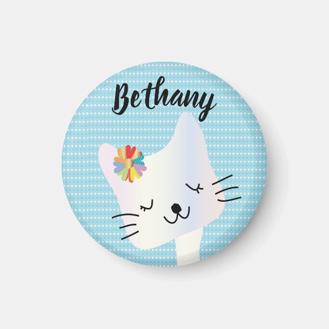Imán Dotty de gato y flores lindo personalizado (Frente)