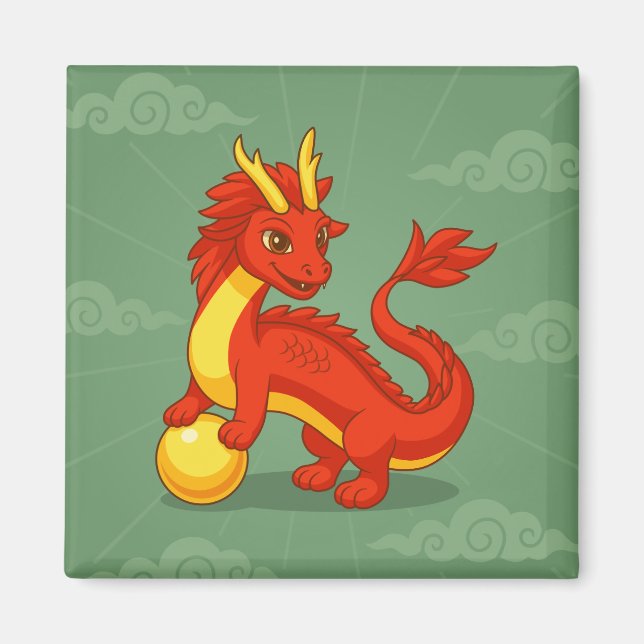 Imán Dragón Chino Rojo sobre Verde (Frente)