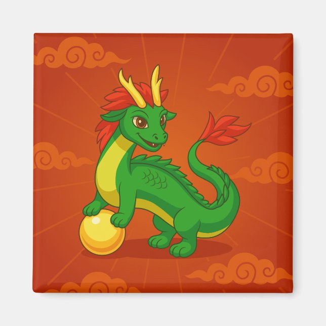 Imán Dragón Chino Verde sobre Rojo (Frente)