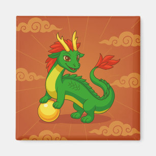 Imán Dragón Chino Verde sobre Rojo