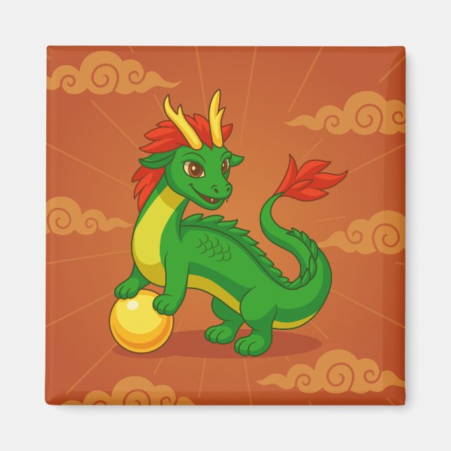 Imán Dragón Chino Verde sobre Rojo (Frente)