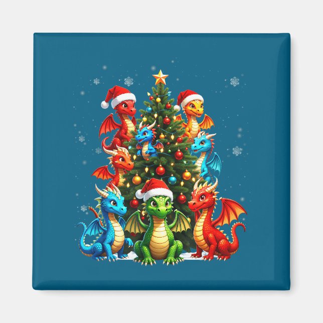 Imán Dragon Christmas Tree Squad Santa Hat Fantasy Myth (Frente)