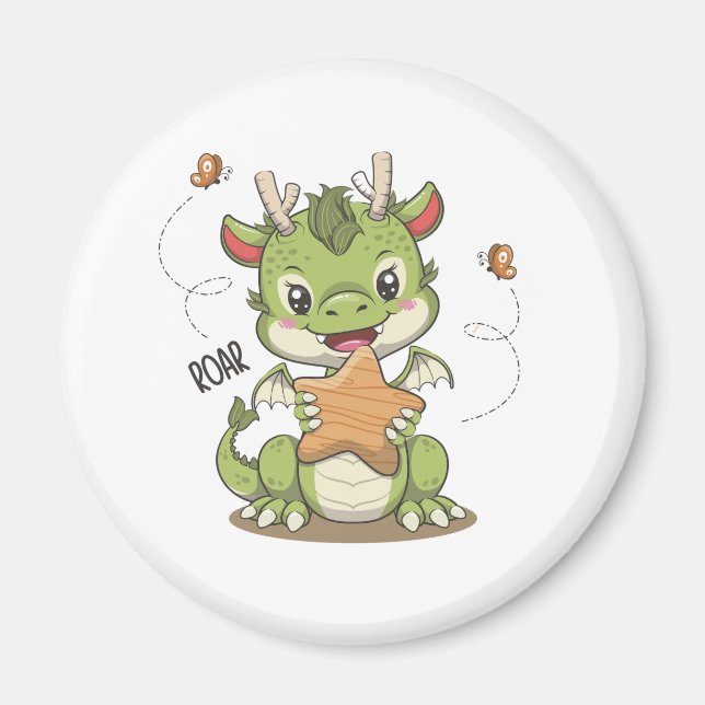 Imán Dragón Cuto Con Estrella De Madera Y Mariposa (Frente)