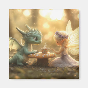 Imán Dragón de bebé dulce y hadas disfrutando del té