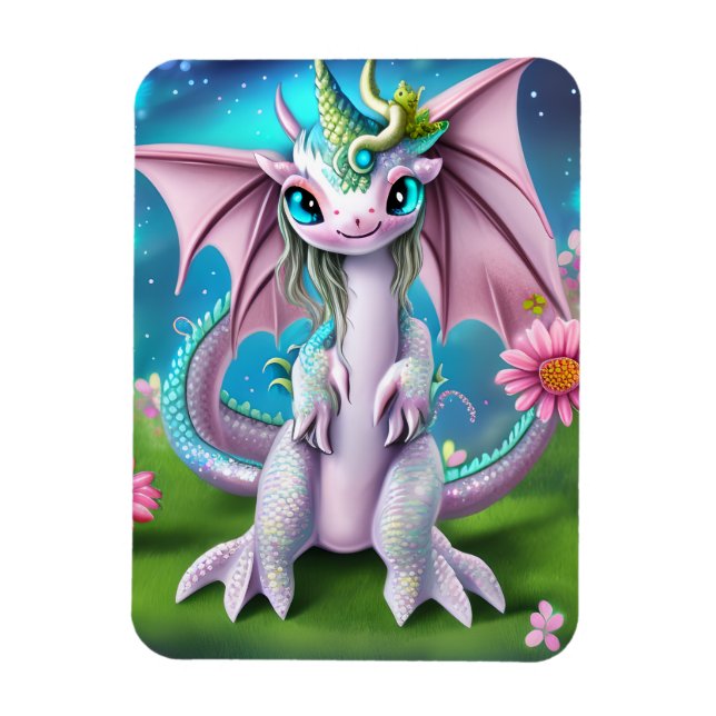 Imán Dragón de bebé sonriente con flores (Vertical)