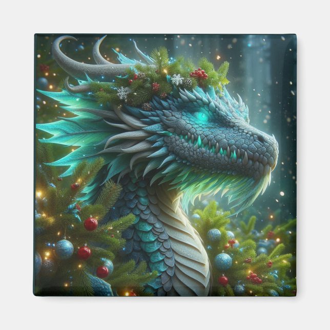 Imán Dragón de Navidades turquesa mágico (Frente)