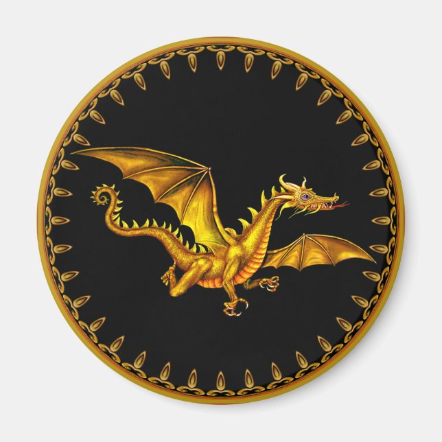 Imán dragón dorado volador sobre negro (Frente)
