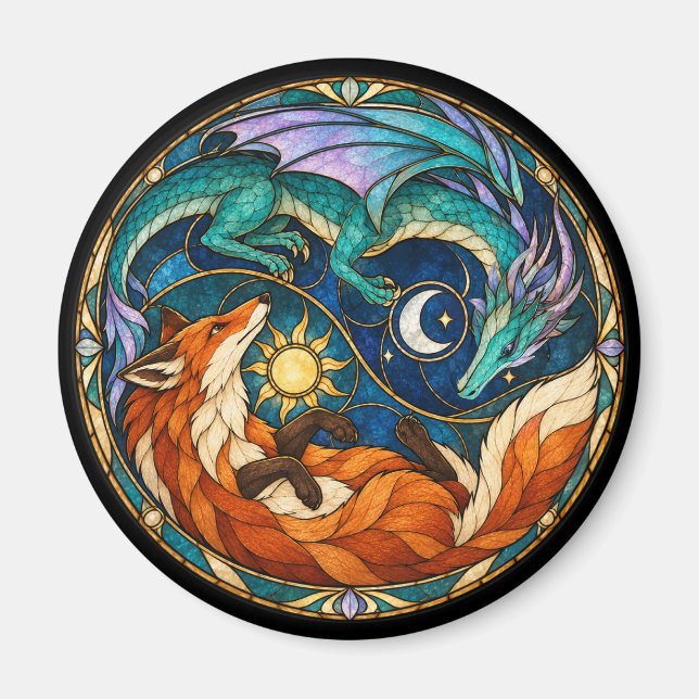 Imán Dragon Fox Celestial Vidriera de Colores (Frente)