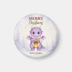 Imán Dragón morado de Navidad con apellido personalizad