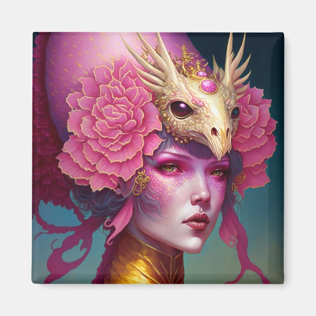 Imán Dragón Rosa Cráneo Mujer Fantasía Arte (Frente)