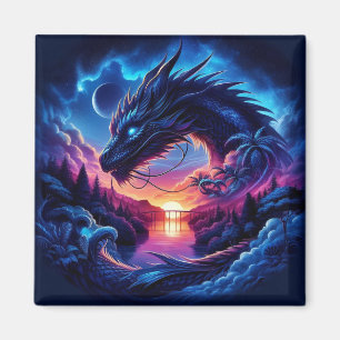 Imán Dragon Silhouetti contra una vibrante puesta de so
