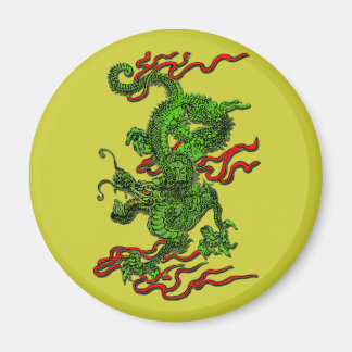 Imán Dragón verde con ropa de cinta roja y regalos