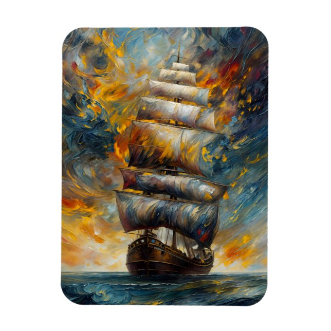 Imán Dramático barco velero en vómito al atardecer (Vertical)