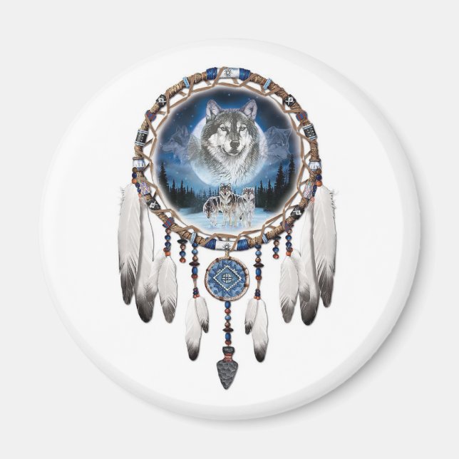 Imán Dream Catcher con antecedentes de lobo (Frente)