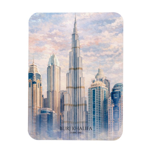 Imán Dubai Burj Khalifa Luxury City Skyline Watercolor  (Vertical)