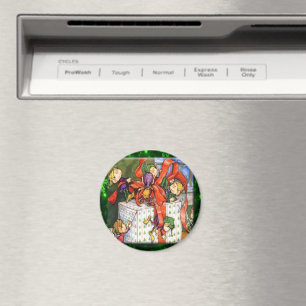 Imán Duendes Alegres envolviendo regalo Botón Redondo