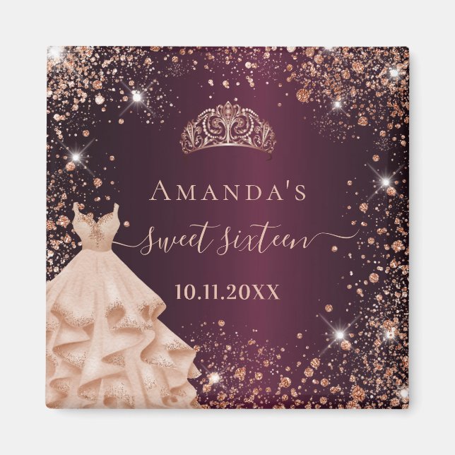 Imán Dulce 16 burdeos rosa oro tiara vestido nombre (Frente)