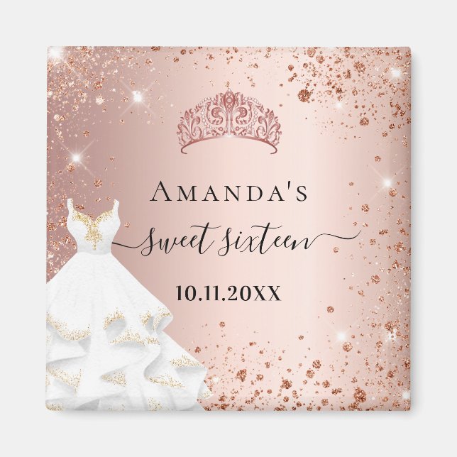 Imán Dulce 16 rosa oro tiara vestido purpurina nombre (Frente)