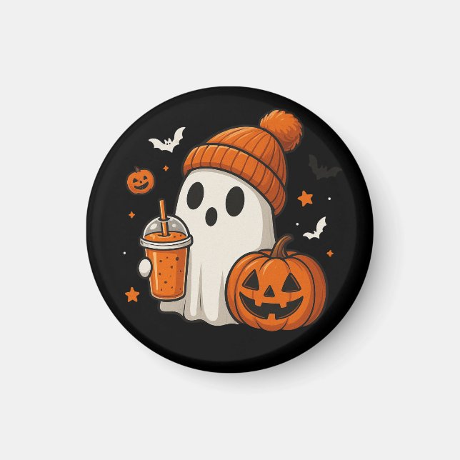 Imán Dulce Fantasma de Halloween con Calabaza y Bebida  (Frente)